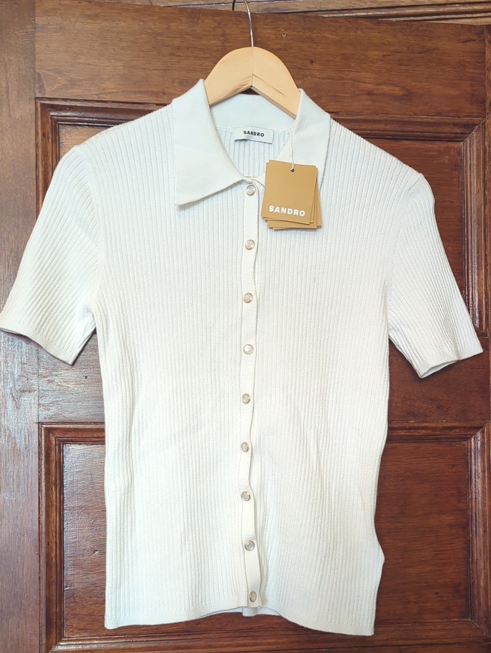 NWT Sandro White Ribbed Knit PEARL Button-Up Shirt Top | Size M - So Soft!